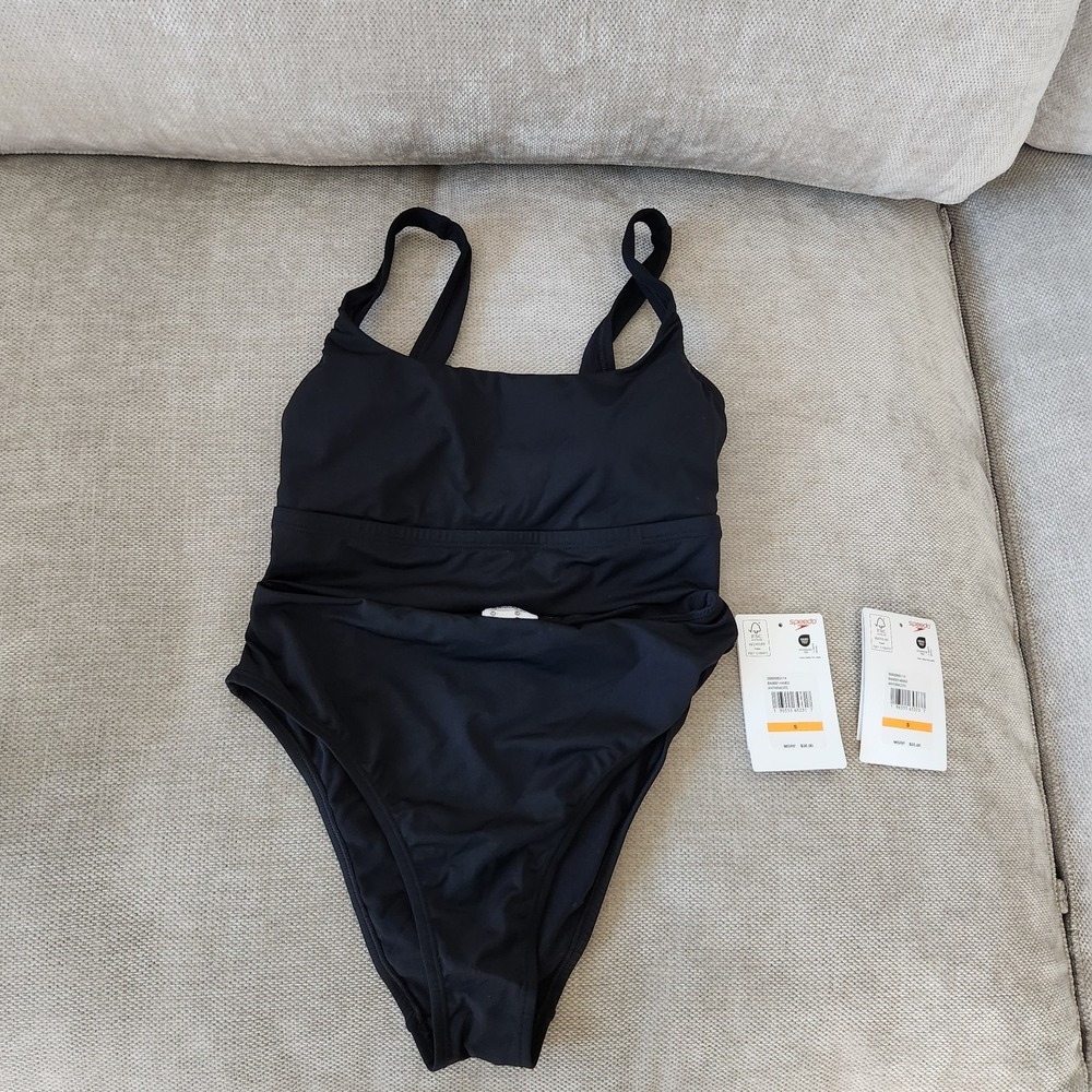 Speedo Women's Black Small Solid Square neck Bikini Top Cheeky High Waist Bottom